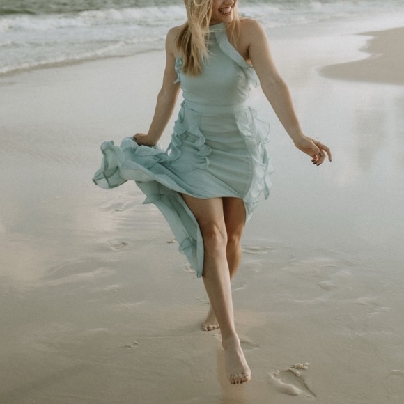 Lovers & Friends Light Blue Eden Ruffle Halter Neck High Neck Dress NWT XS - Picture 3 of 16